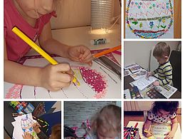 kolaż zdjęć przedstawiający dzieci wykonujące prace plastyczne związane z wielkanocą