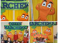 dzieci pozujące do zdjęcia z sylwetą marchewki