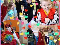 Kolaż zdjęć dzieci w przebraniach na balu karnawałowym 
