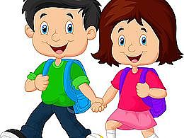 obrazek przedstawiający chłopca i dziewczynkę idące z plecakami i trzymające się za ręce