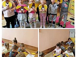 Dzieci z grupy żabek wykonujące zabawy tematyczne z okazji Dni Psa.