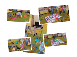 dzieci bawiące się na samodzielnie wykonanych planszach do zabaw ruchowych.