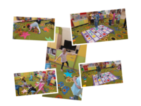 dzieci bawiące się na samodzielnie wykonanych planszach do zabaw ruchowych.