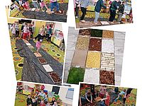 Kolaż zdjęć dzieci przedstawiający zabawy z wykorzystaniem ścieżki sensorycznej z materiałów naturalnych.