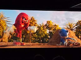 Na ekranie kinowym czerwony struś i niebieska kulka Sonic