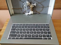 makieta komputera, zamiast ekranu laleczka w sieci